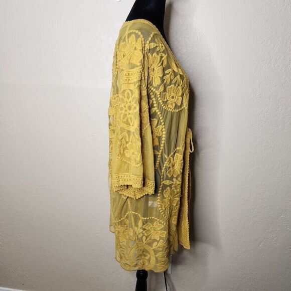 UMGEE Kimono Cardigan Women Small Yellow Cotton Lace Sheer Open Front Tie Boho - Picture 5 of 9